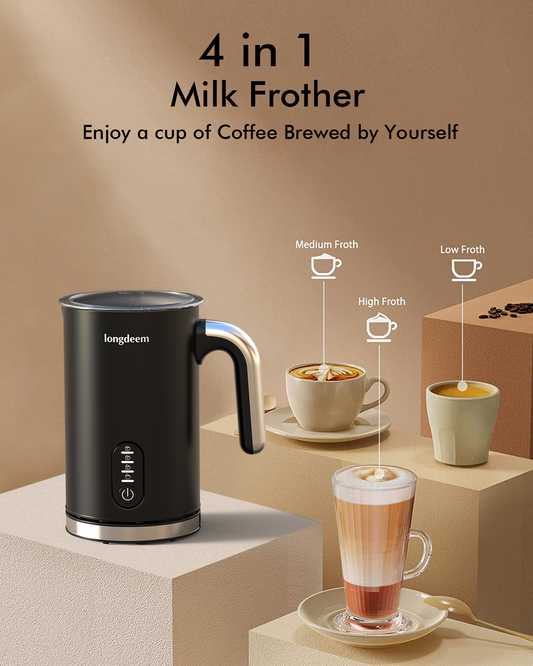 LONGDEEM Milk Frother, 4-in-1 Electric Milk Foamer with Cold & Hot Froth for Latte Cappuccino