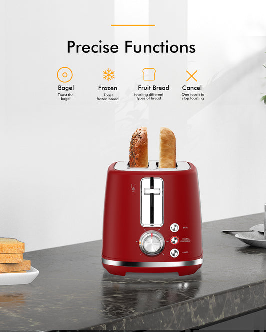 2-Slice Toaster, Wide Slots, Auto Shut-Off, 6 Shade Dial. Perfect for Fruit Bread, Bagels, Waffles, Frozen Options, Easy-Clean Crumb Tray, Red