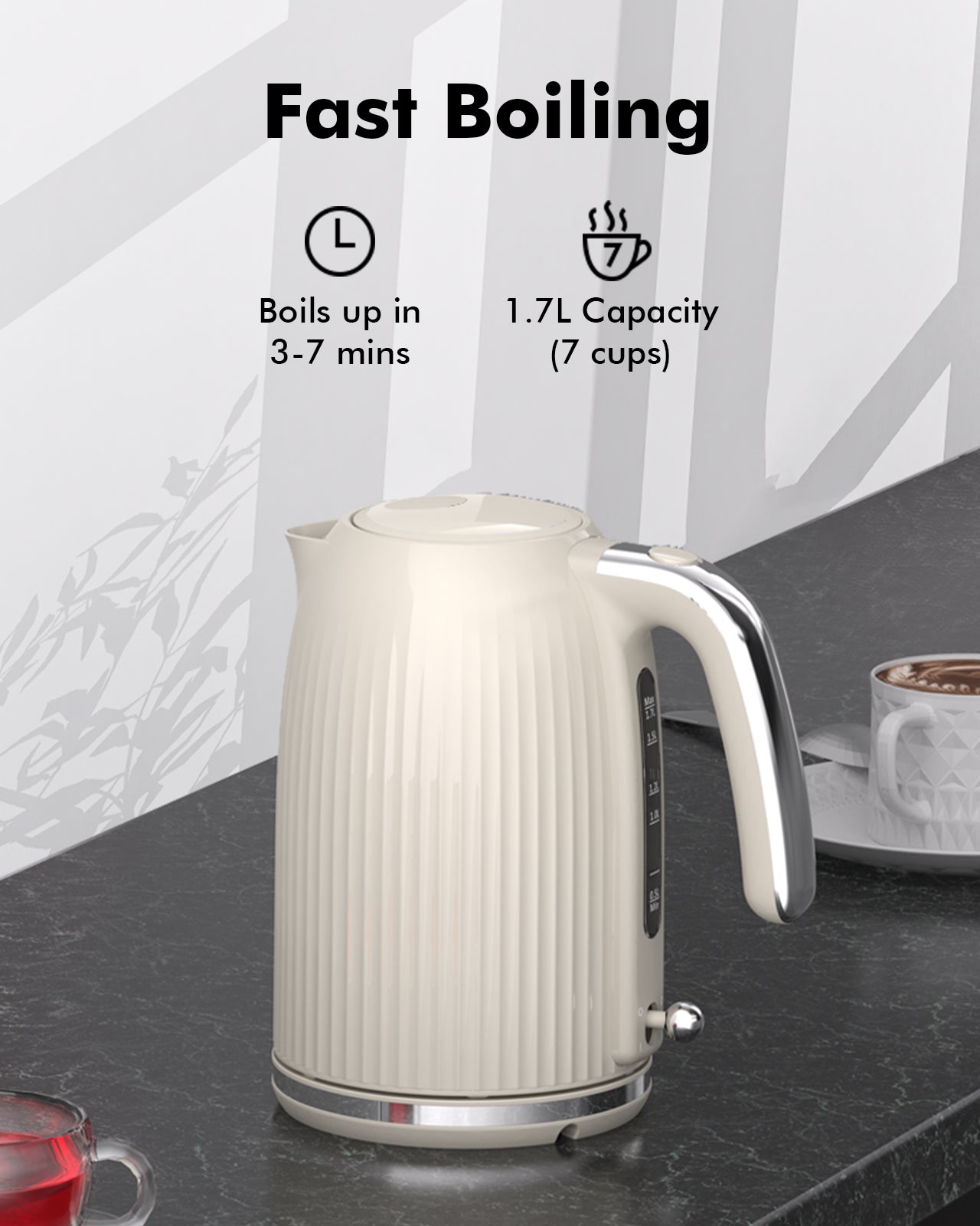 1.7L Electric Kettle-Quick Boil, 1500W, BPA-Free, Safety Auto Shut-Off, Boil-Dry Protection, Easy Clean with Wide Opening, Heat-Resistant Handle, 360°Swivel Base, Cream