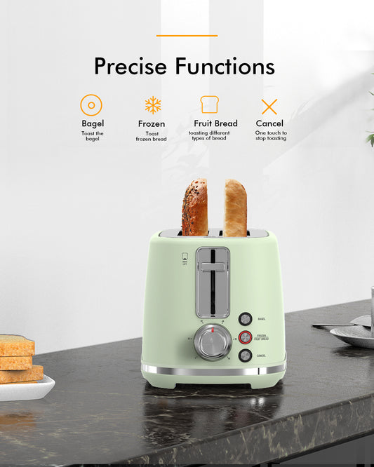 2-Slice Toaster, Wide Slots, Auto Shut-Off, 6 Shade Dial. Perfect for Fruit Bread, Bagels, Waffles, Frozen Options, Easy-Clean Crumb Tray, Green