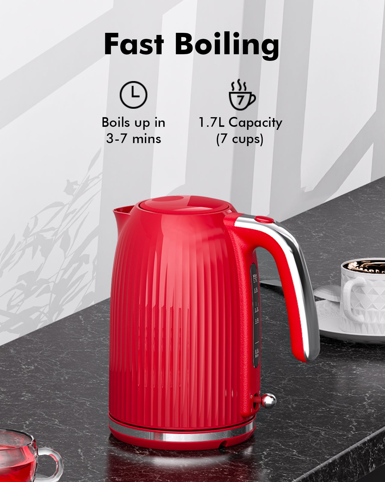 1.7L Electric Kettle-Quick Boil, 1500W, BPA-Free, Safety Auto Shut-Off, Boil-Dry Protection, Easy Clean with Wide Opening, Heat-Resistant Handle, 360°Swivel Base, Red