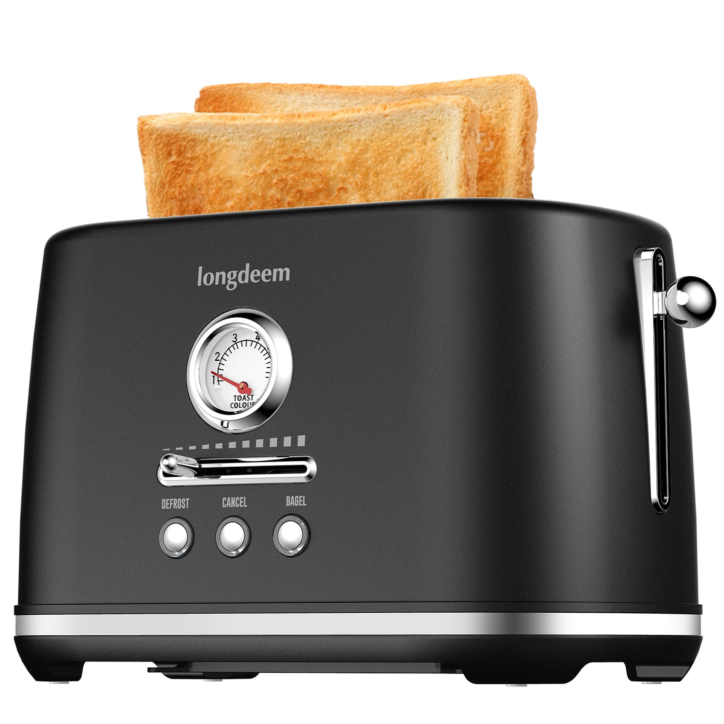 Longdeem 2-Slice Toaster, Wide Slots, Auto Shut-Off, 6 Shade Dial. Perfect for Fruit Bread, Bagels, Waffles, Lift & Look and Frozen Options, Easy-Clean Crumb Tray - Matte Black