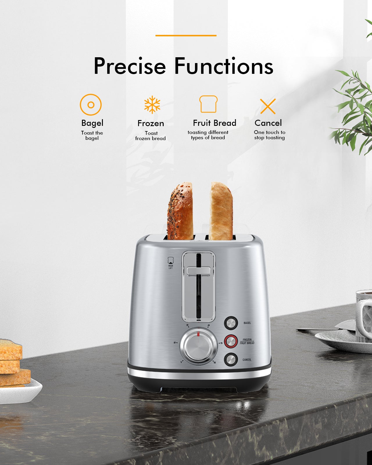 2-Slice Toaster, Wide Slots, Auto Shut-Off, 6 Shade Dial. Perfect for Fruit Bread, Bagels, Waffles, Frozen Options, Easy-Clean Crumb Tray, Silver