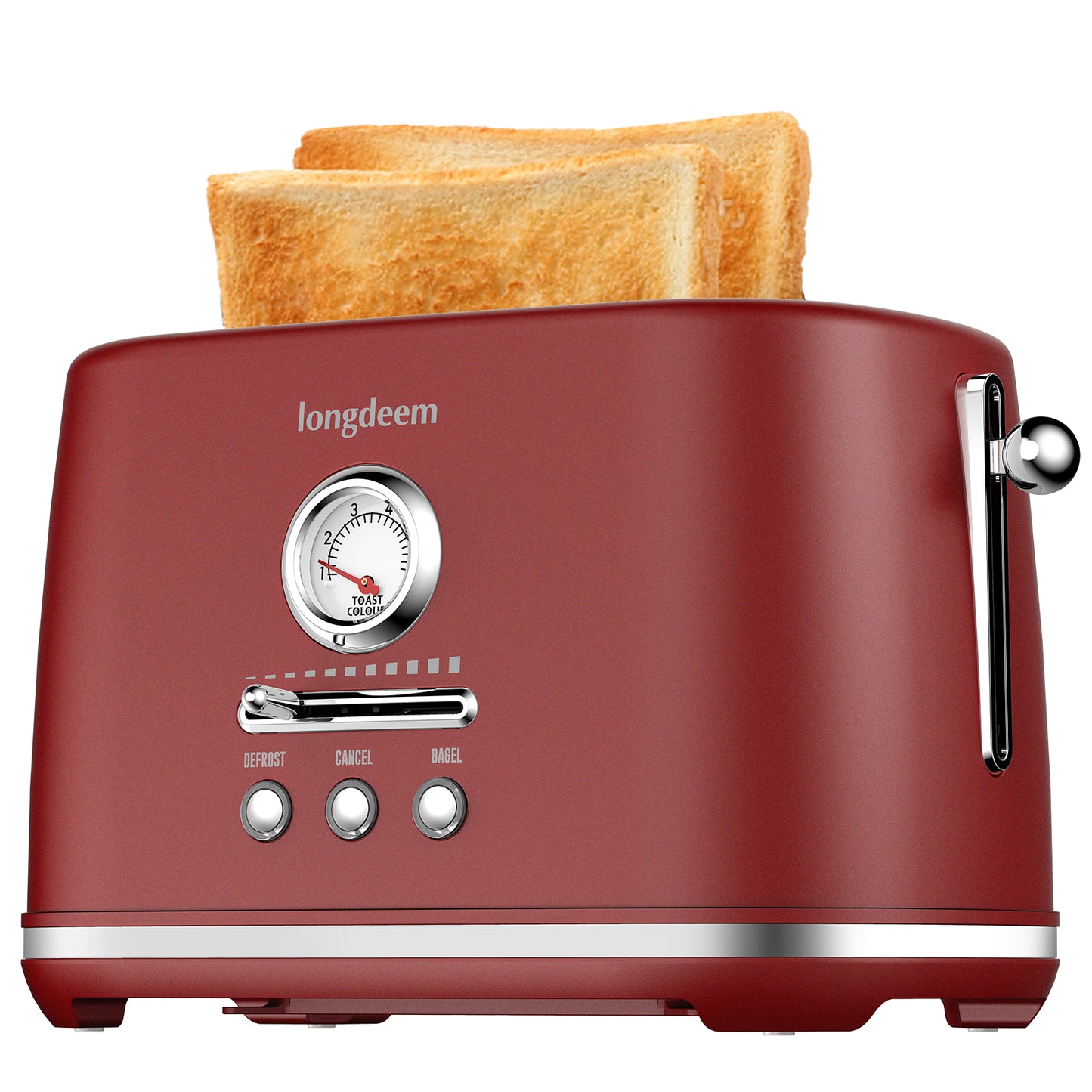 Longdeem 2-Slice Toaster, Wide Slots, Auto Shut-Off, 6 Shade Dial. Perfect for Fruit Bread, Bagels, Waffles, Lift & Look and Frozen Options, Easy-Clean Crumb Tray, Red