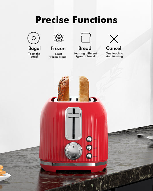 2-Slice Toaster, Wide Slots, Auto Shut-Off, 6 Shade Dial. Perfect for Fruit Bread, Bagels, Waffles, Frozen Options, Easy-Clean Crumb Tray, Red