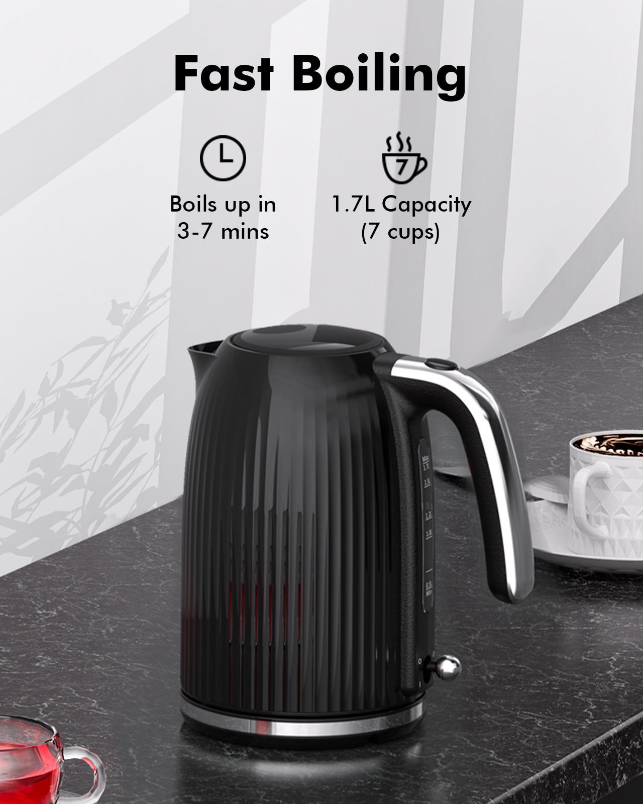 LONGDEEM 1.7L Electric Kettle-Quick Boil, 1500W, BPA-Free, Safety Auto Shut-Off, Boil-Dry Protection, Easy Clean with Wide Opening, Heat-Resistant Handle, 360°Swivel Base