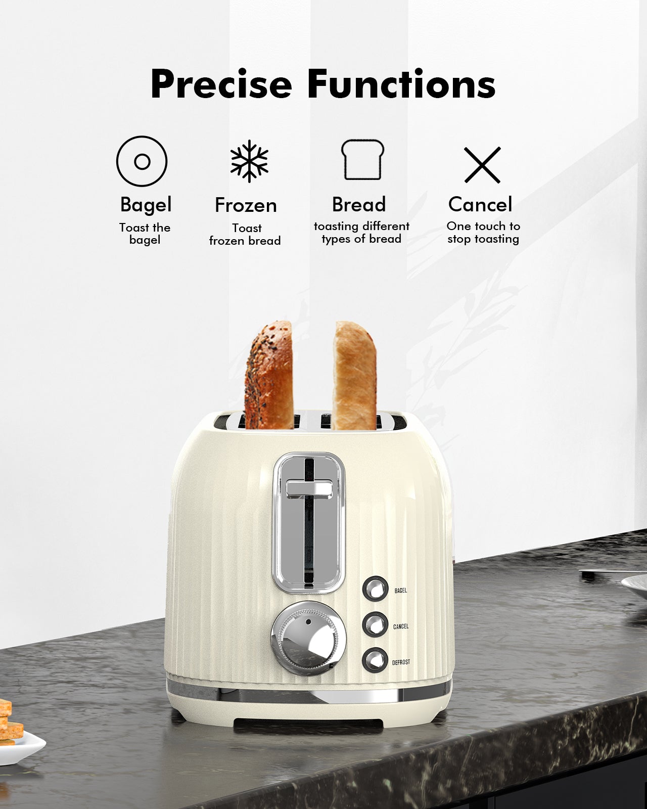 2 Slice Toaster, Wide Slots, High Lift, Auto-Off, & Frozen Modes for Toast, Bagels, Waffles & Fruity Breads, Modern Sleek Design, Easy-Clean Crumb Tray, Cream