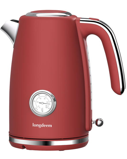 Longdeem Retro Electric Tea Kettles 1500W for Boiling Water, 1.7L Stainless Steel Hot Water Boiler with Automatic Shut Off & Boil-Dry Protection, BPA Free, Red