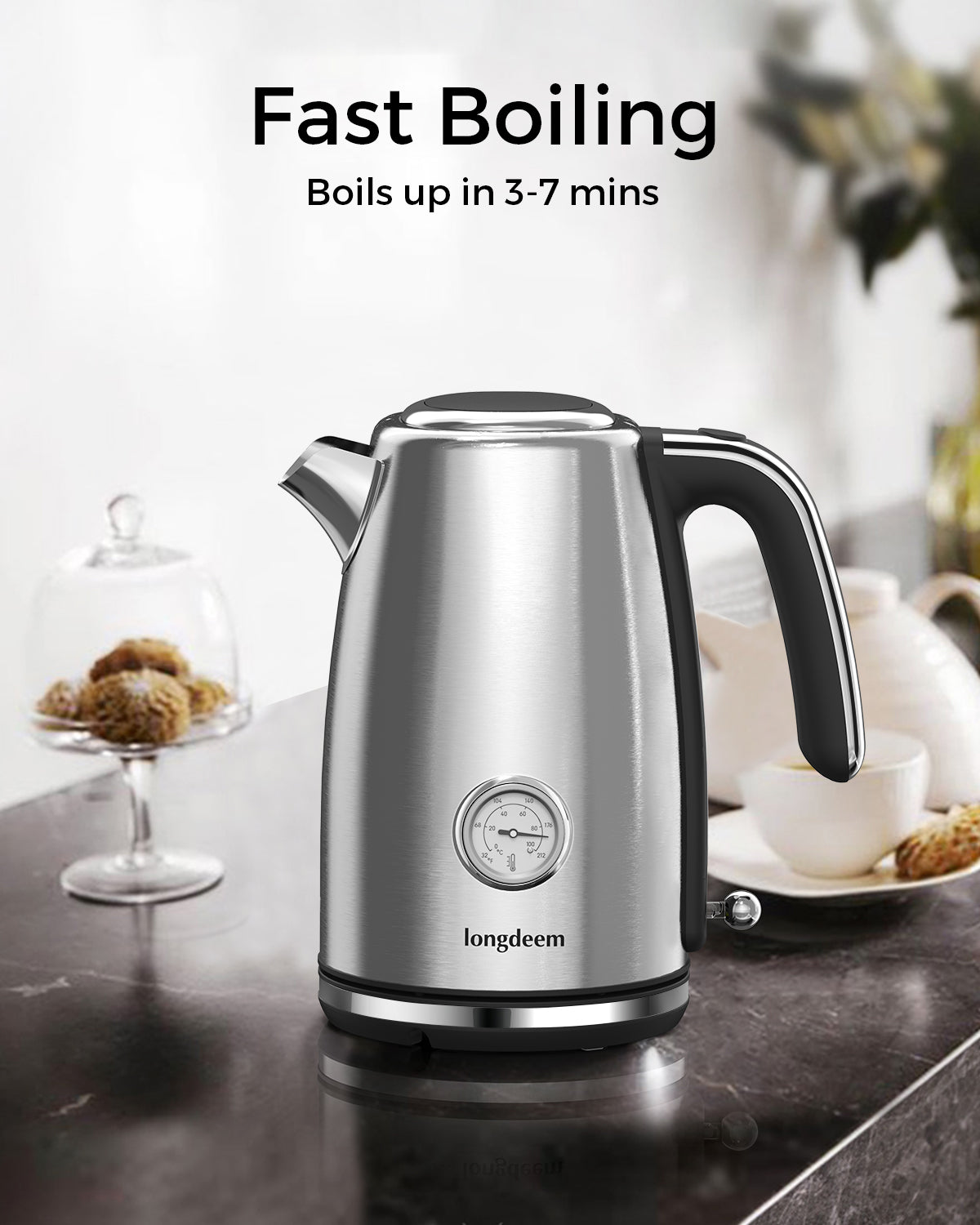 LONGDEEM Electric Kettle Quick Heating, Hot Tea Water Boiler with Thermometer 1.7L Stainless Steel Cordless LED Indicator 1500W, Silver