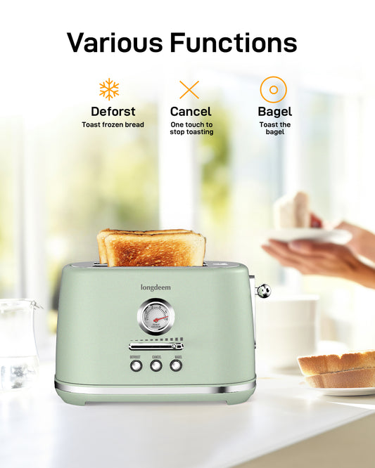 2 Slice Toaster with Extra Wide Slots & Removable Crumb Tray - 6 Browning Options, with Lift + Look, Auto Shut Off & Frozen Function, Toast Fruit Bread, Bagel & Waffle, Green