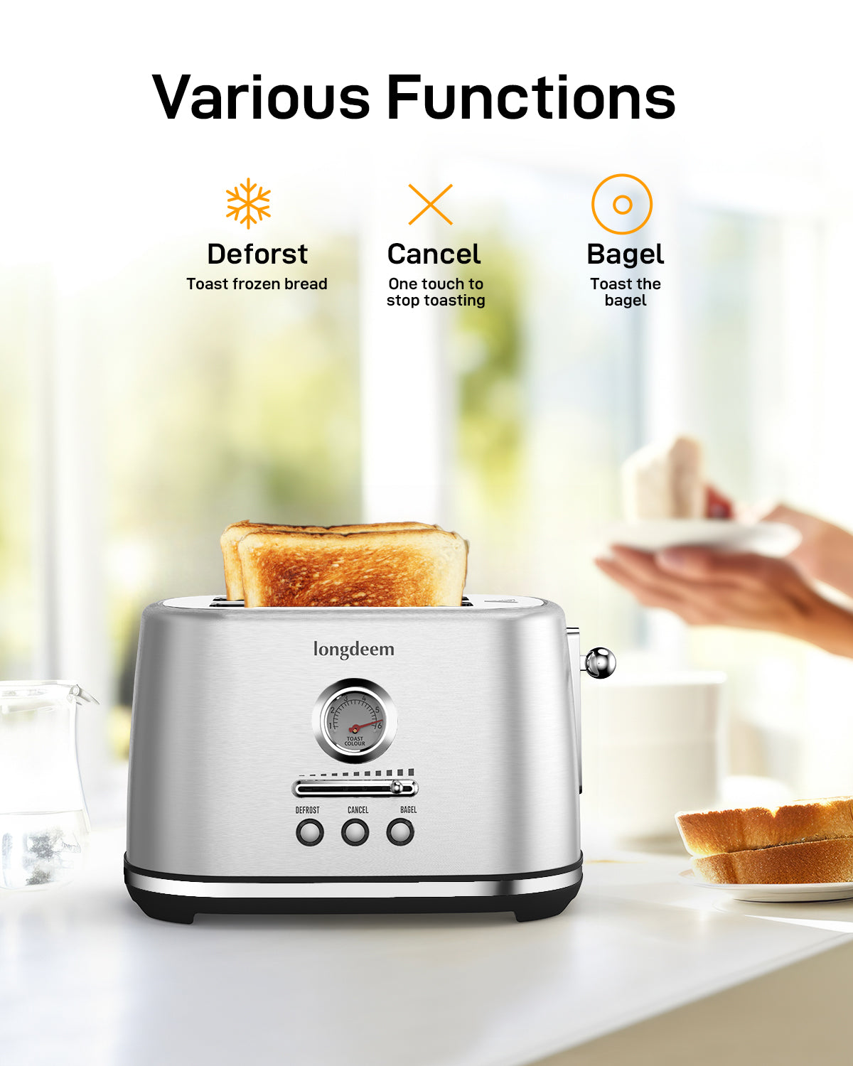 Longdeem 2-Slice Toaster, Wide Slots, Auto Shut-Off, 6 Shade Dial. Perfect for Fruit Bread, Bagels, Waffles, Lift & Look and Frozen Options, Easy-Clean Crumb Tray, Gray