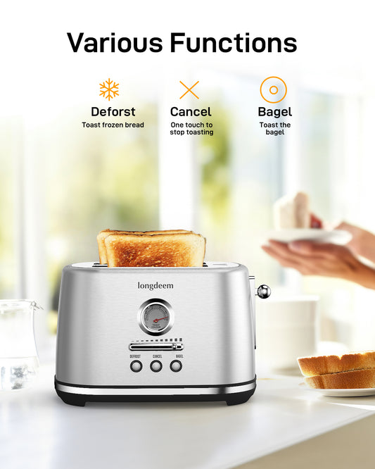 Longdeem 2-Slice Toaster, Wide Slots, Auto Shut-Off, 6 Shade Dial. Perfect for Fruit Bread, Bagels, Waffles, Lift & Look and Frozen Options, Easy-Clean Crumb Tray, Gray