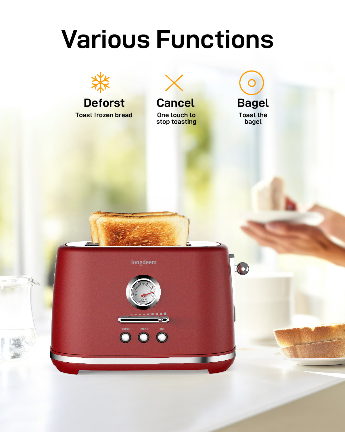 Longdeem 2-Slice Toaster, Wide Slots, Auto Shut-Off, 6 Shade Dial. Perfect for Fruit Bread, Bagels, Waffles, Lift & Look and Frozen Options, Easy-Clean Crumb Tray, Red