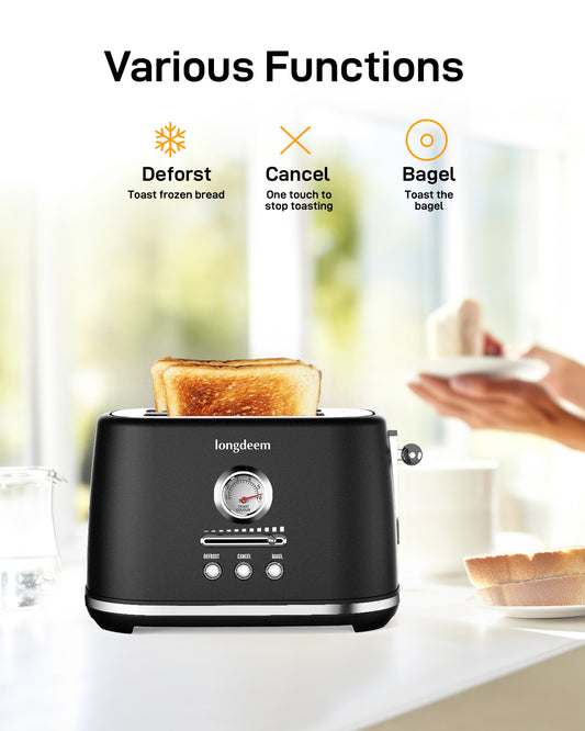 Longdeem 2-Slice Toaster, Wide Slots, Auto Shut-Off, 6 Shade Dial. Perfect for Fruit Bread, Bagels, Waffles, Lift & Look and Frozen Options, Easy-Clean Crumb Tray - Matte Black