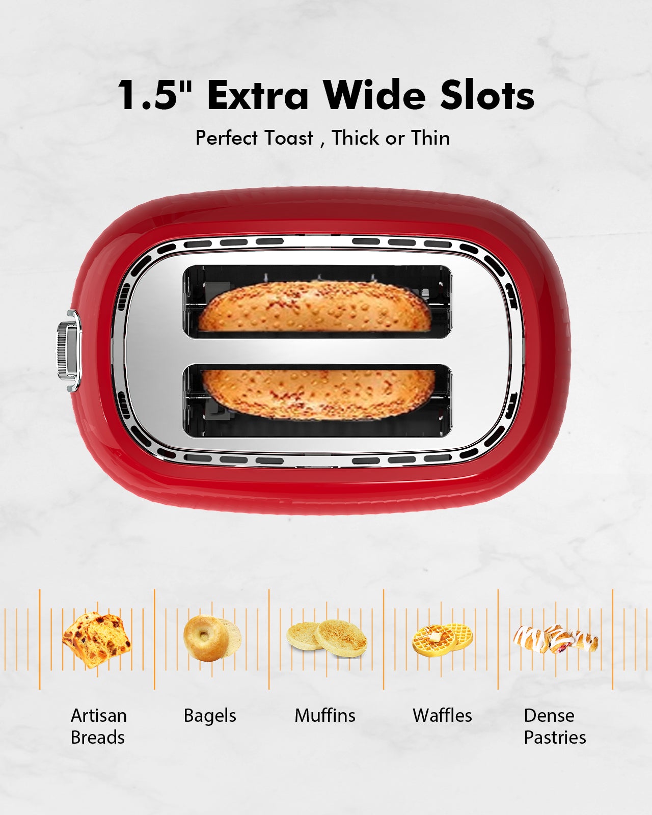 2-Slice Toaster, Wide Slots, Auto Shut-Off, 6 Shade Dial. Perfect for Fruit Bread, Bagels, Waffles, Frozen Options, Easy-Clean Crumb Tray, Red