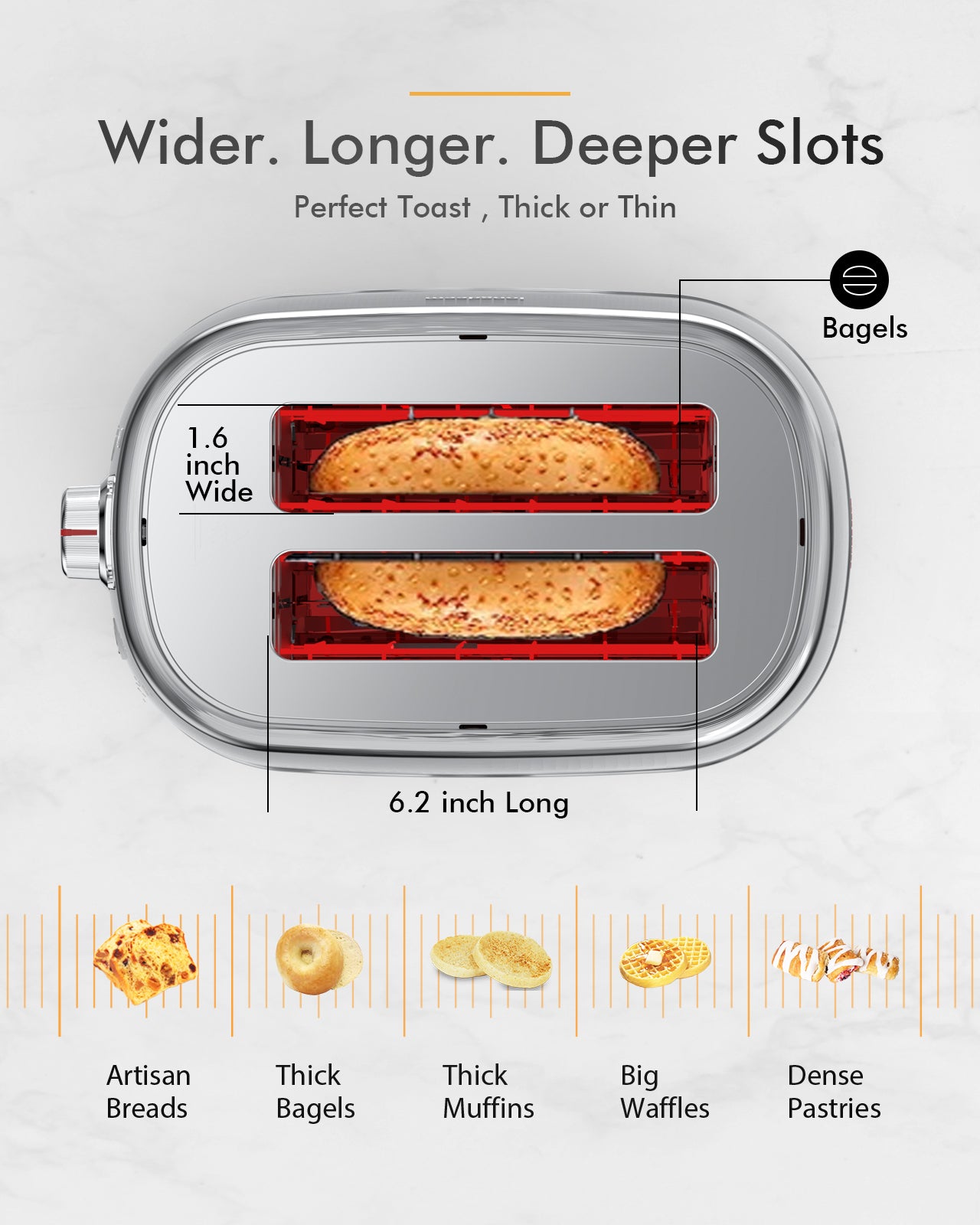 2-Slice Toaster, Wide Slots, Auto Shut-Off, 6 Shade Dial. Perfect for Fruit Bread, Bagels, Waffles, Frozen Options, Easy-Clean Crumb Tray, Silver