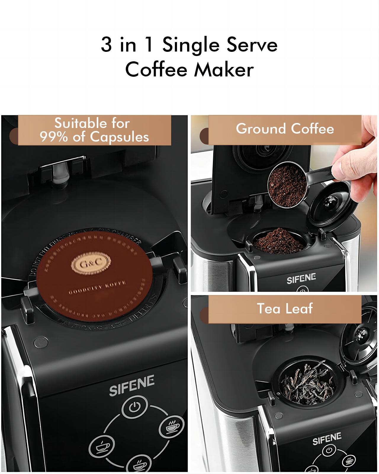 SiFENE Coffee Machine, 3 in 1 Single Serve Coffee Maker, Personal Coffee Brewer for K-Pod Capsule, Loose Leaf Tea & Ground Coffee, 50oz Removable Water Reservoir