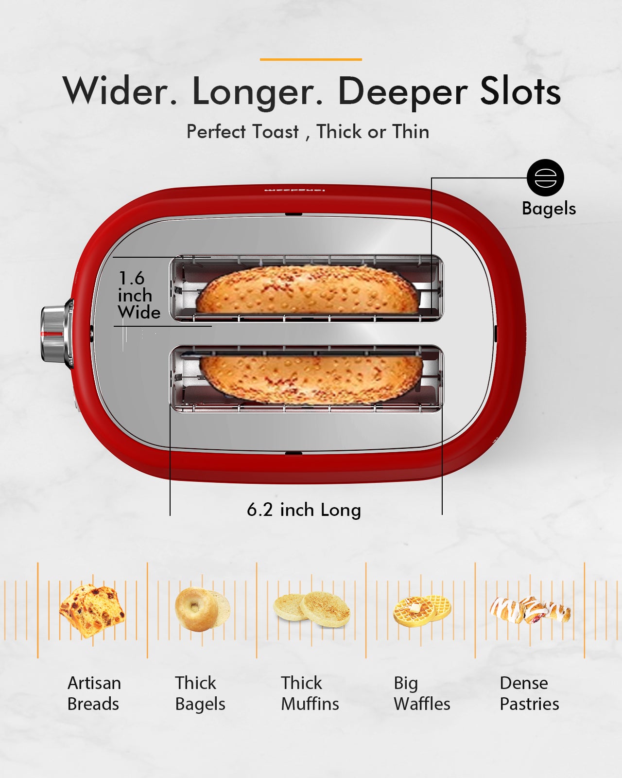 2-Slice Toaster, Wide Slots, Auto Shut-Off, 6 Shade Dial. Perfect for Fruit Bread, Bagels, Waffles, Frozen Options, Easy-Clean Crumb Tray, Red