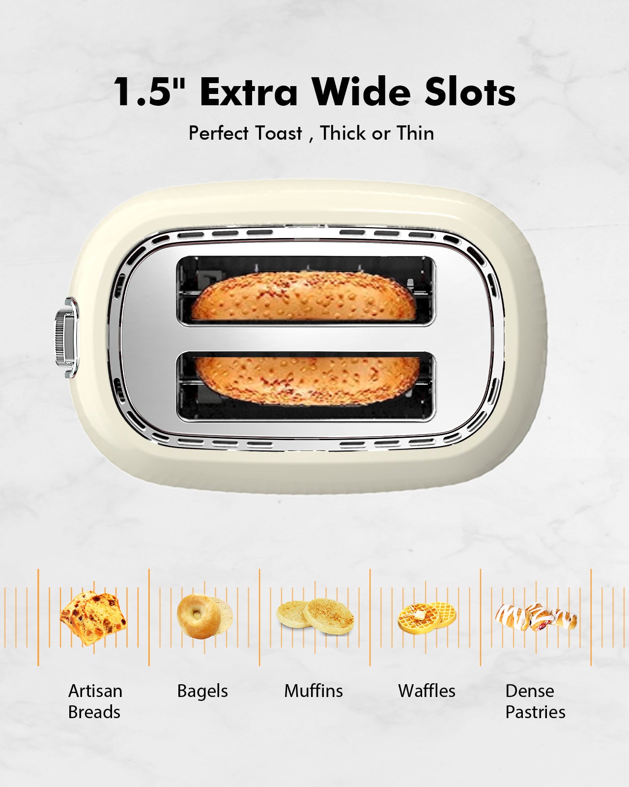 2 Slice Toaster, Wide Slots, High Lift, Auto-Off, & Frozen Modes for Toast, Bagels, Waffles & Fruity Breads, Modern Sleek Design, Easy-Clean Crumb Tray, Cream