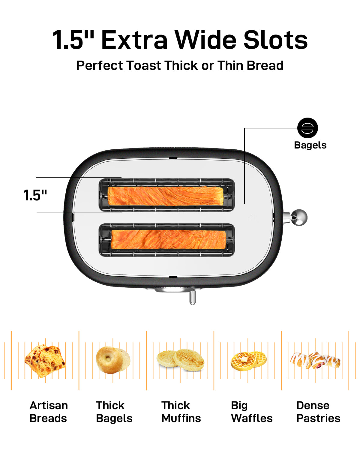 Longdeem 2-Slice Toaster, Wide Slots, Auto Shut-Off, 6 Shade Dial. Perfect for Fruit Bread, Bagels, Waffles, Lift & Look and Frozen Options, Easy-Clean Crumb Tray - Matte Black