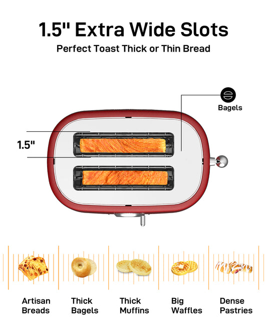 Longdeem 2-Slice Toaster, Wide Slots, Auto Shut-Off, 6 Shade Dial. Perfect for Fruit Bread, Bagels, Waffles, Lift & Look and Frozen Options, Easy-Clean Crumb Tray, Red