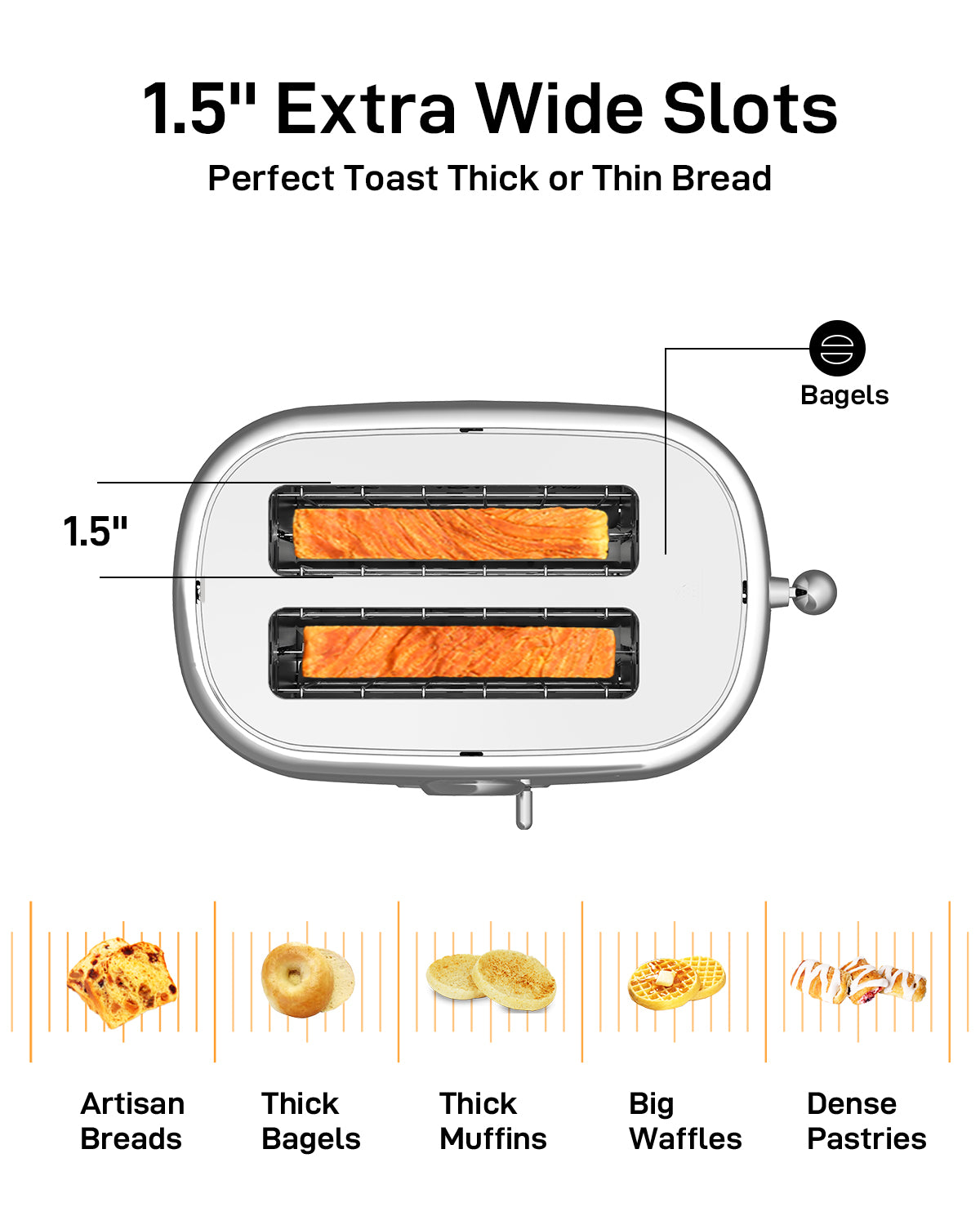 Longdeem 2-Slice Toaster, Wide Slots, Auto Shut-Off, 6 Shade Dial. Perfect for Fruit Bread, Bagels, Waffles, Lift & Look and Frozen Options, Easy-Clean Crumb Tray, Gray