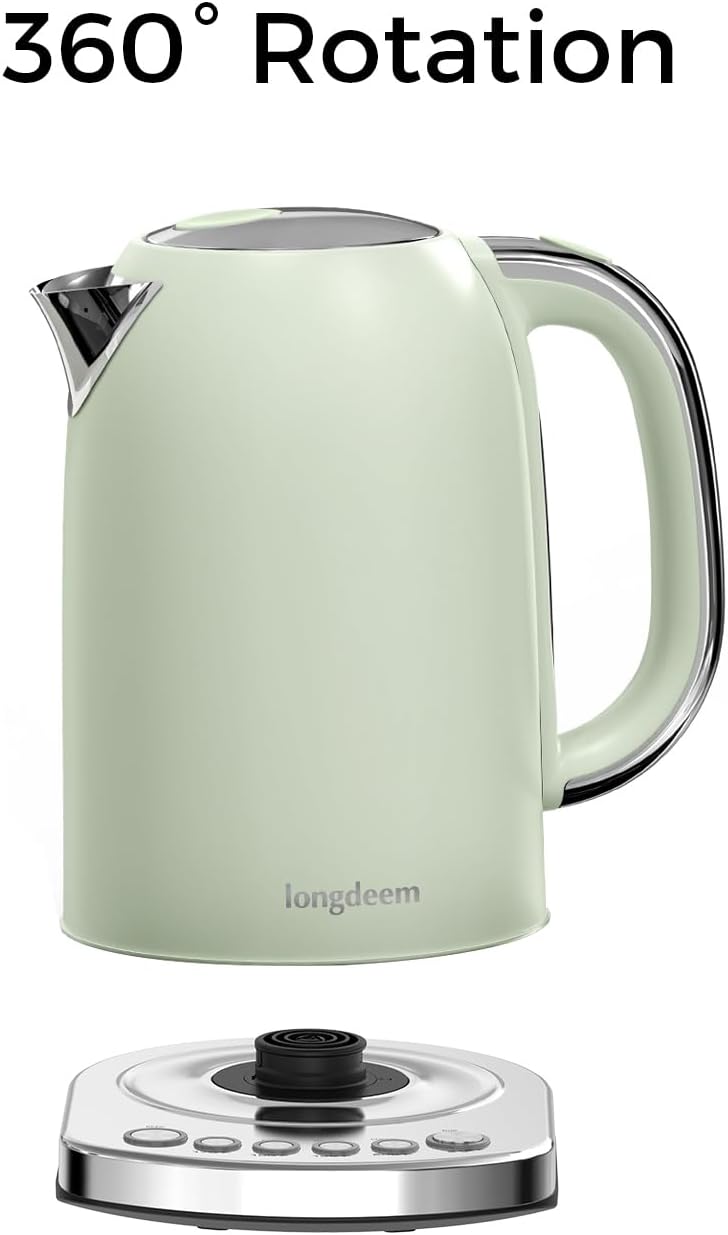 LONGDEEM Electric Tea Kettle - Rapid Coffee/Tea Brewing with 5-Temperature Control Presets, Non-BPA, Green, Stainless Steel Inner Lid & Bottom, 1.7L, 1500W for Hot Water Needs Present