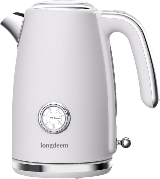 LONGDEEM Electric Kettle Quick Heating, Hot Tea Water Boiler with Thermometer 1.7L Stainless Steel Cordless LED Indicator 1500W, Auto Shut-Off & Boil Dry Protection, Easy to Clean, White