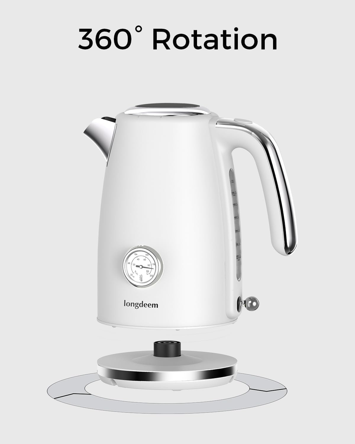 LONGDEEM Electric Kettle Quick Heating, Hot Tea Water Boiler with Thermometer 1.7L Stainless Steel Cordless LED Indicator 1500W, Auto Shut-Off & Boil Dry Protection, Easy to Clean, White