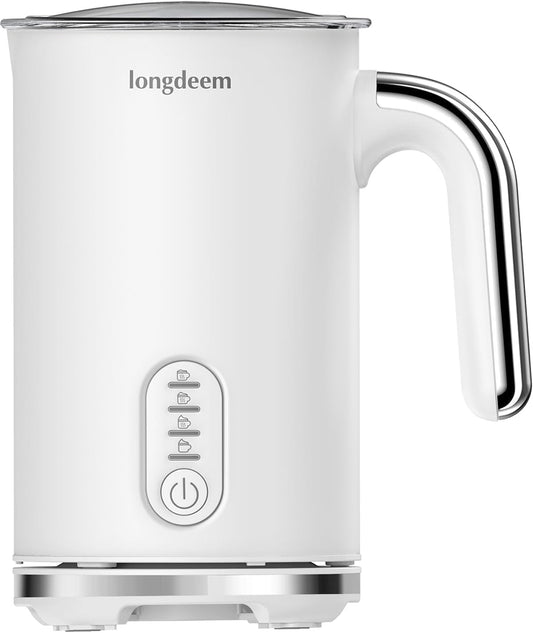 LONGDEEM Milk Frother, 4-in-1 Electric Milk Foamer with Cold & Hot Froth for Latte Cappuccino - Automatic Coffee Foam Maker, Stainless Steel, 10 oz/300 ml, Non-Stick Coating with Auto Shut-Off, White