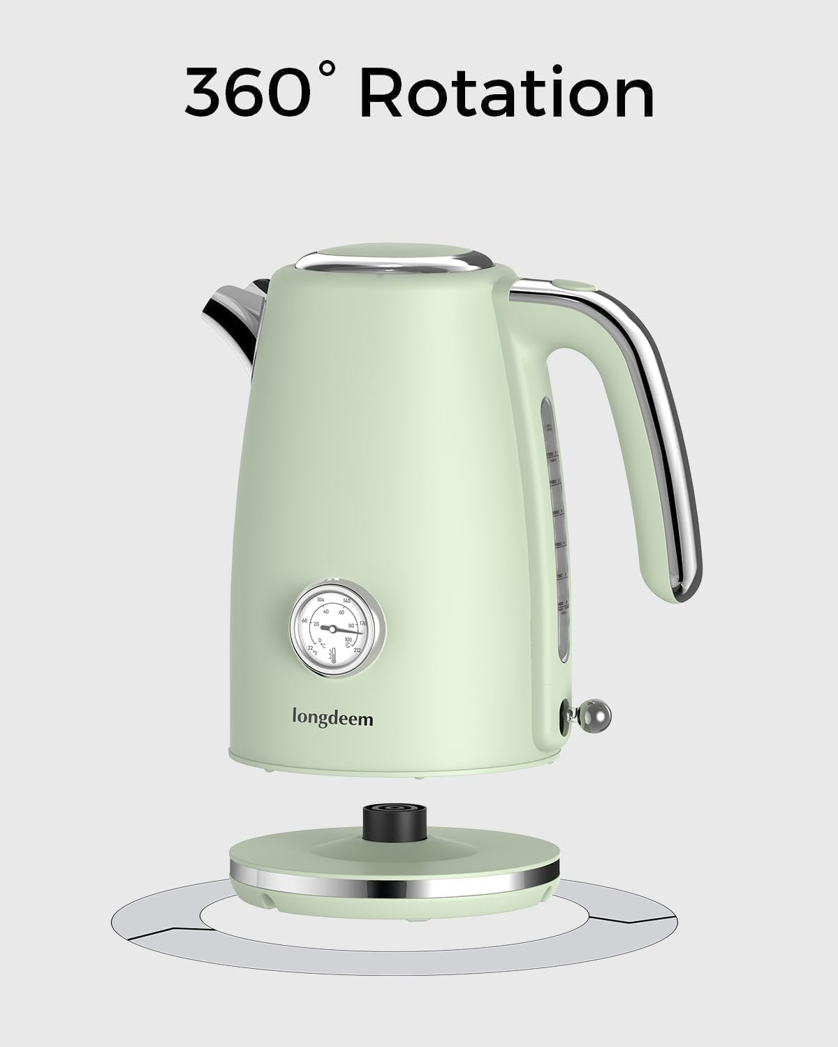 LONGDEEM Electric Tea Kettle for Boiling Water, Wide-Open Lid, Retro Green Stainless Steel with Thermometer, 1500W/1.7L for Coffee/Tea Brewing, Auto Shut-Off & Boil-Dry Protection, Cordless Swivel Base, Green