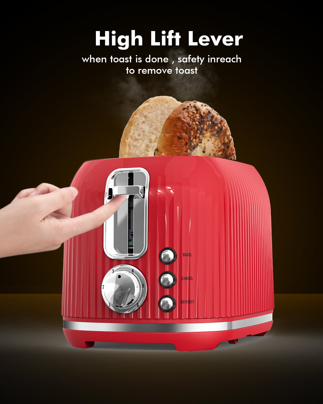 2-Slice Toaster, Wide Slots, Auto Shut-Off, 6 Shade Dial. Perfect for Fruit Bread, Bagels, Waffles, Frozen Options, Easy-Clean Crumb Tray, Red