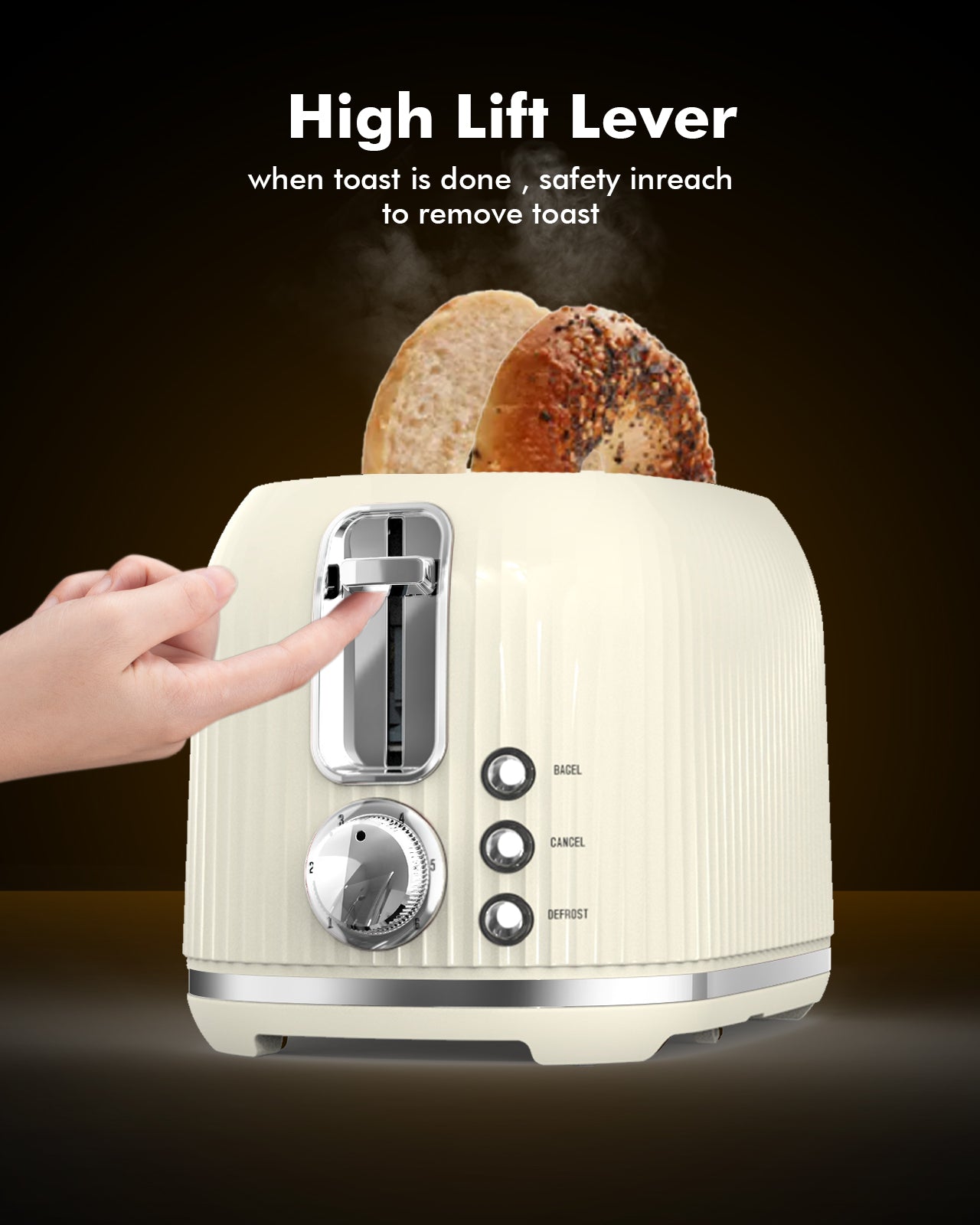 2 Slice Toaster, Wide Slots, High Lift, Auto-Off, & Frozen Modes for Toast, Bagels, Waffles & Fruity Breads, Modern Sleek Design, Easy-Clean Crumb Tray, Cream