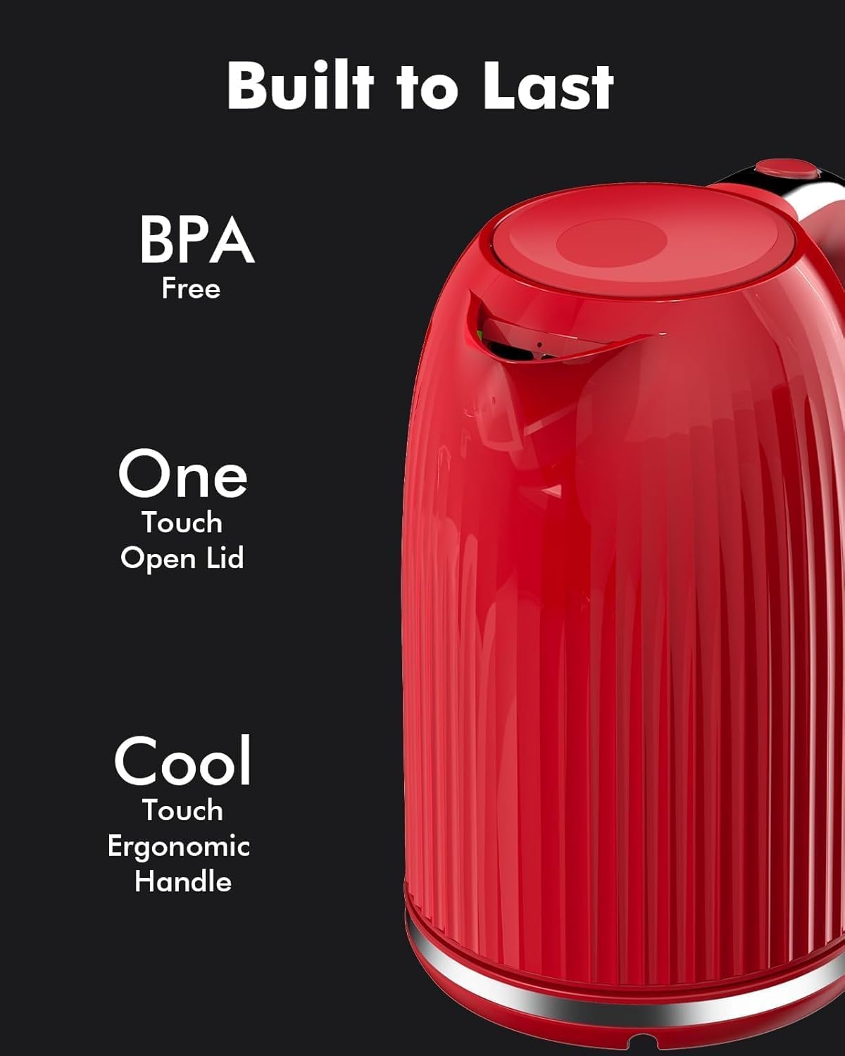 LONGDEEM 1.7L Electric Kettle-Quick Boil, 1500W, Non-BPA, Safety Auto Shut-Off, Boil-Dry Protection, Easy Clean with Wide Opening, Heat-Resistant Handle, 360°Swivel Base, Red