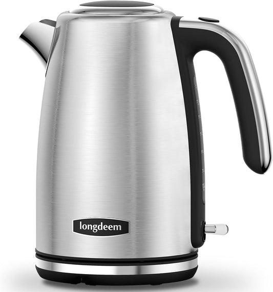 LONGDEEM Electric Kettle Stainless Steel 1.7L - 1500W Quick Boil, Retro Style, Auto Shut-Off, Boil Dry Protection with Filter & Water Gauge - Perfect for Tea, Hot Water