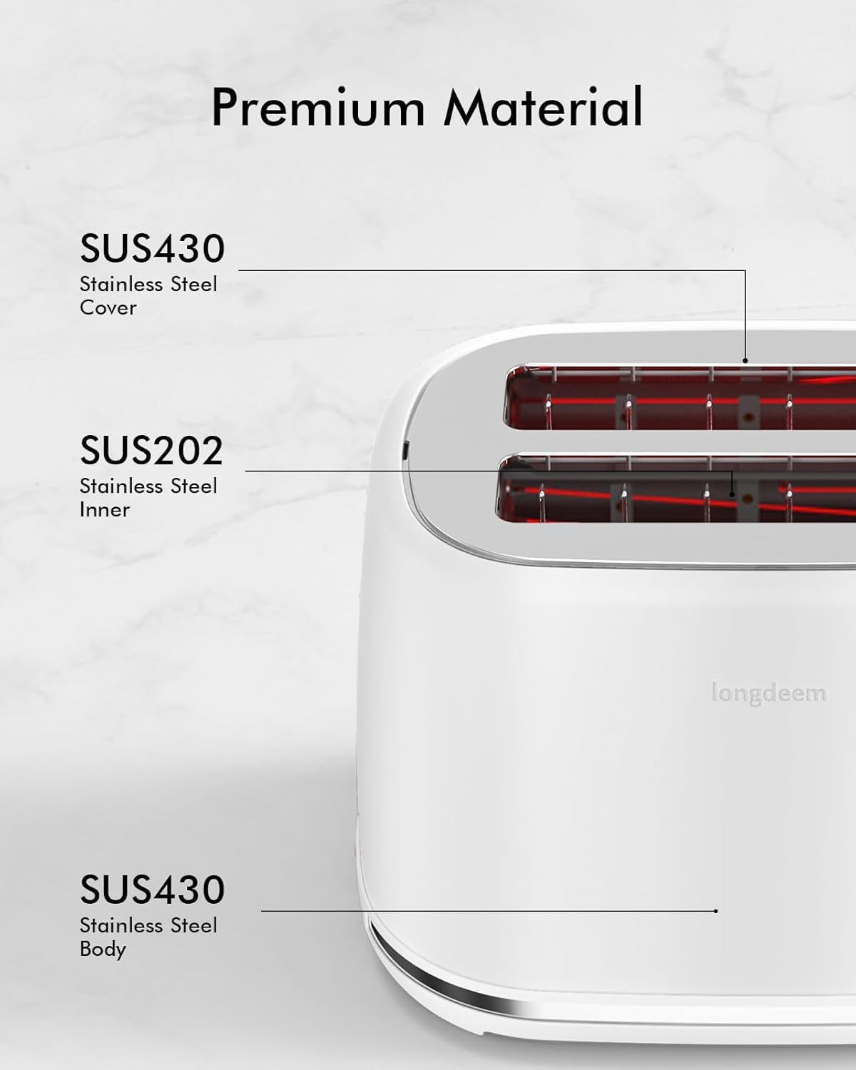 LONGDEEM 2 Slice Toaster with 1.5" Extra Wide Slots & Removable Crumb Tray - 6 Browning Options, Auto Shut Off & Frozen Function, Toast Fruit Bread, Bagel & Waffle, White