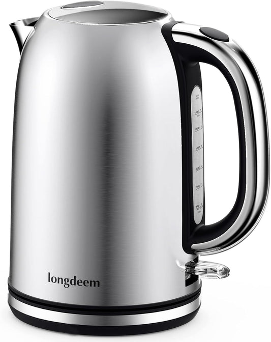 LONGDEEM Fast-Boil Electric Tea Kettle, 1.7L Stainless-Steel Water Heater, 1500W, Cordless Matte Black Design with LED, Auto-Shutoff & Anti-Dry Protection, Silver