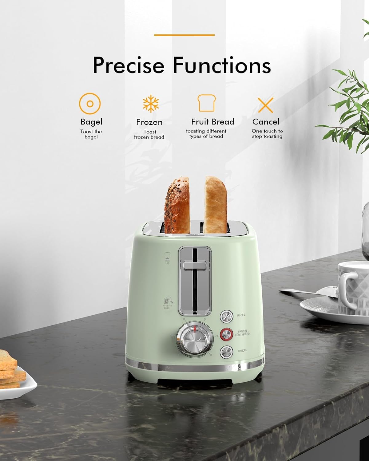 LONGDEEM 2 Slice Toaster, Wide Slots,High Lift, Auto-Off, & Frozen Modes for Toast, Bagels, Waffles & Fruity Breads, Modern Sleek Design, Easy-Clean Crumb Tray, Green