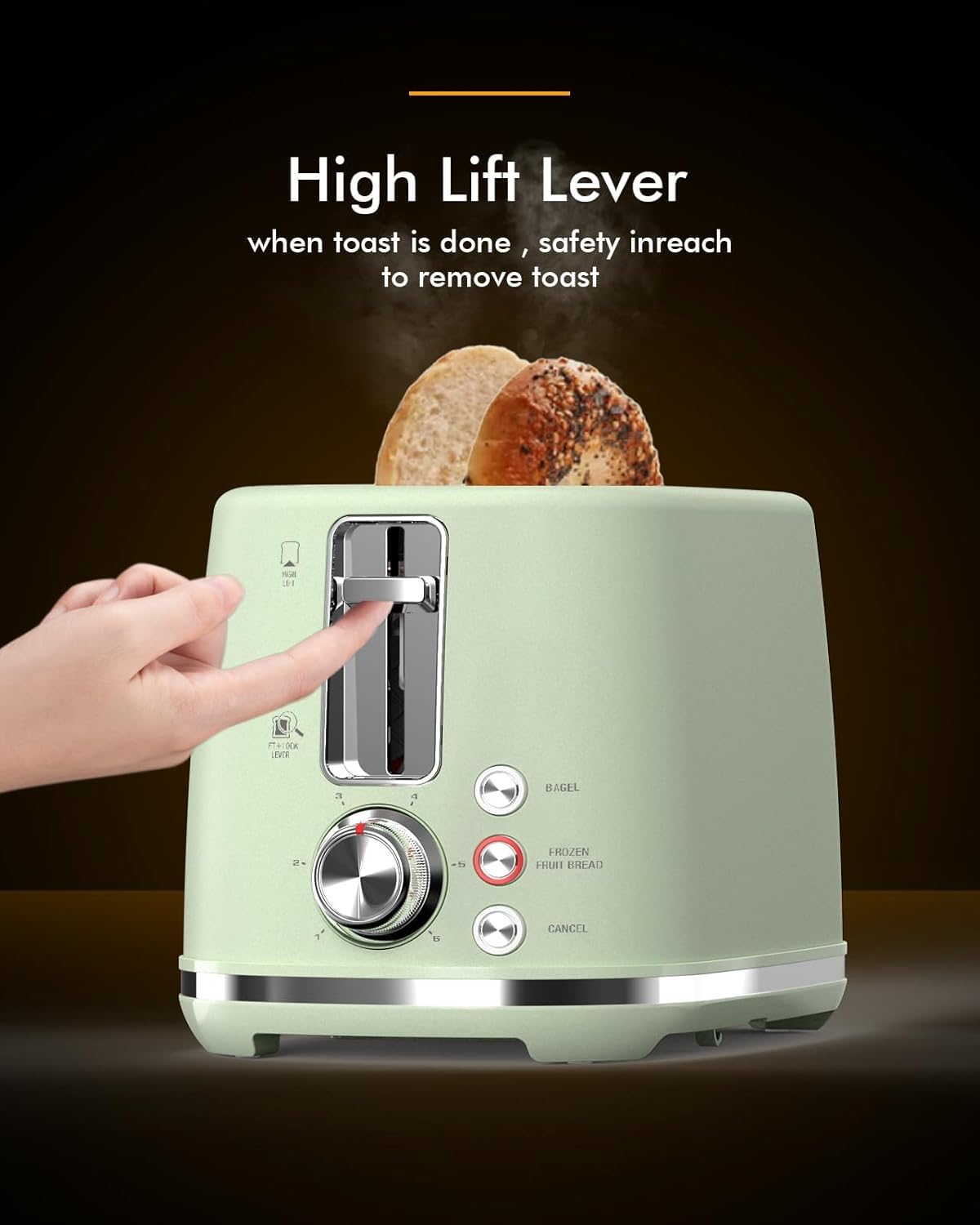 LONGDEEM 2 Slice Toaster, Wide Slots,High Lift, Auto-Off, & Frozen Modes for Toast, Bagels, Waffles & Fruity Breads, Modern Sleek Design, Easy-Clean Crumb Tray, Green