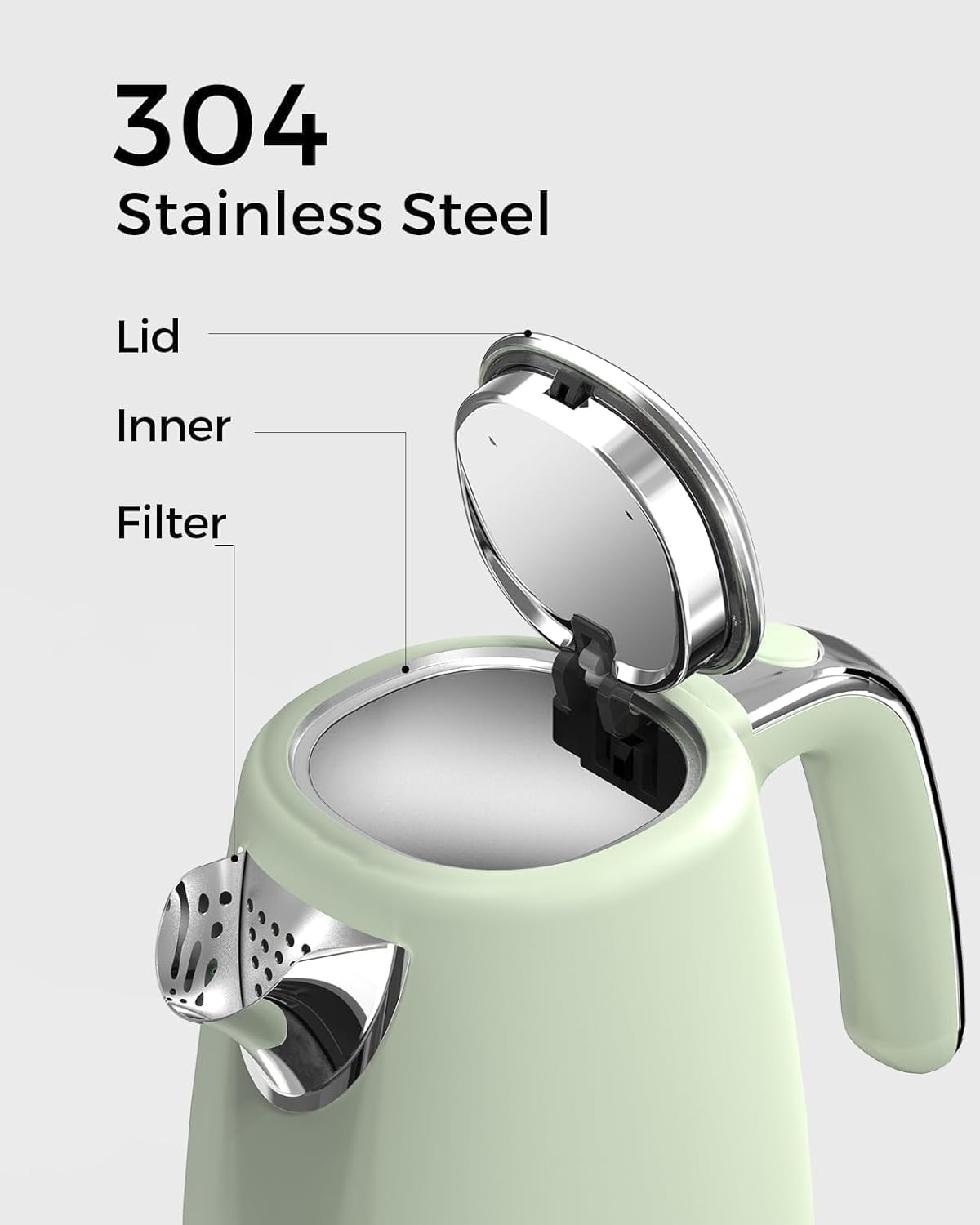 LONGDEEM Electric Tea Kettle for Boiling Water, Wide-Open Lid, Retro Green Stainless Steel with Thermometer, 1500W/1.7L for Coffee/Tea Brewing, Auto Shut-Off & Boil-Dry Protection, Cordless Swivel Base, Green