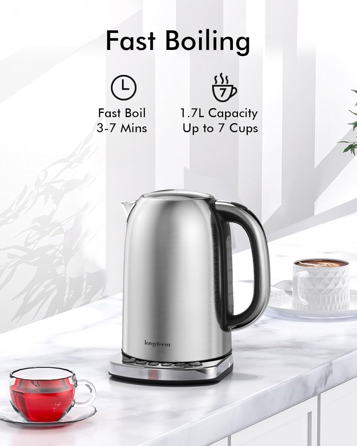 LONGDEEM Temp Control Electric Tea Kettle, 1.7L Stainless Steel Water Boiler & Heater, Fast Boiling 1500 Watts, Matte Black Cordless Kettle with Auto-Shutoff, Boil-Dry Protection, LED Light, Silver