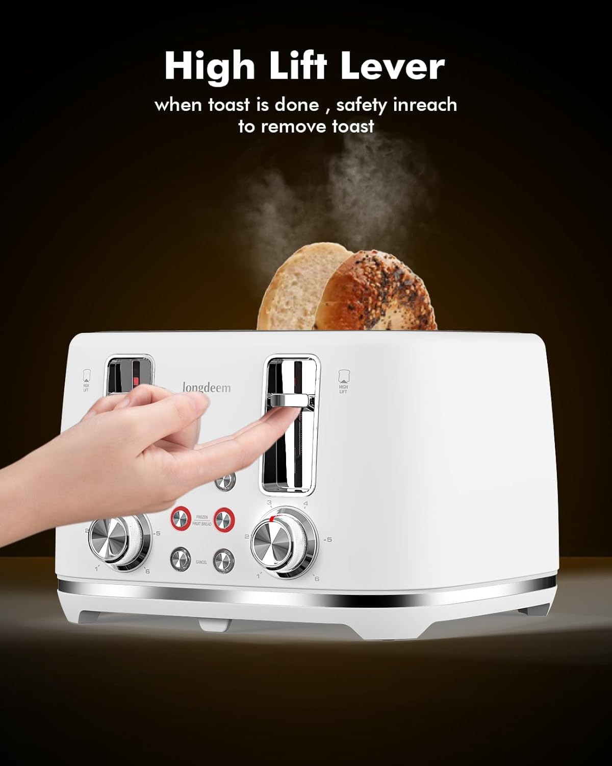 LONGDEEM 4 Slice Toaster with Extra Wide Slots & Removable Crumb Tray, Longdeem Retro Stainless Steel Toasters, High Lift, Auto Shut Off & Frozen Function, Toast Fruit Bread, Bagel & Waffle, White