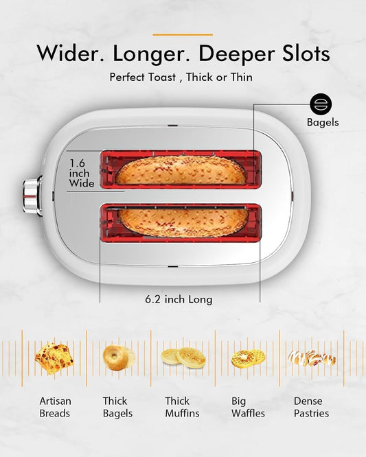 LONGDEEM 2 Slice Toaster with 1.5" Extra Wide Slots & Removable Crumb Tray - 6 Browning Options, Auto Shut Off & Frozen Function, Toast Fruit Bread, Bagel & Waffle, White