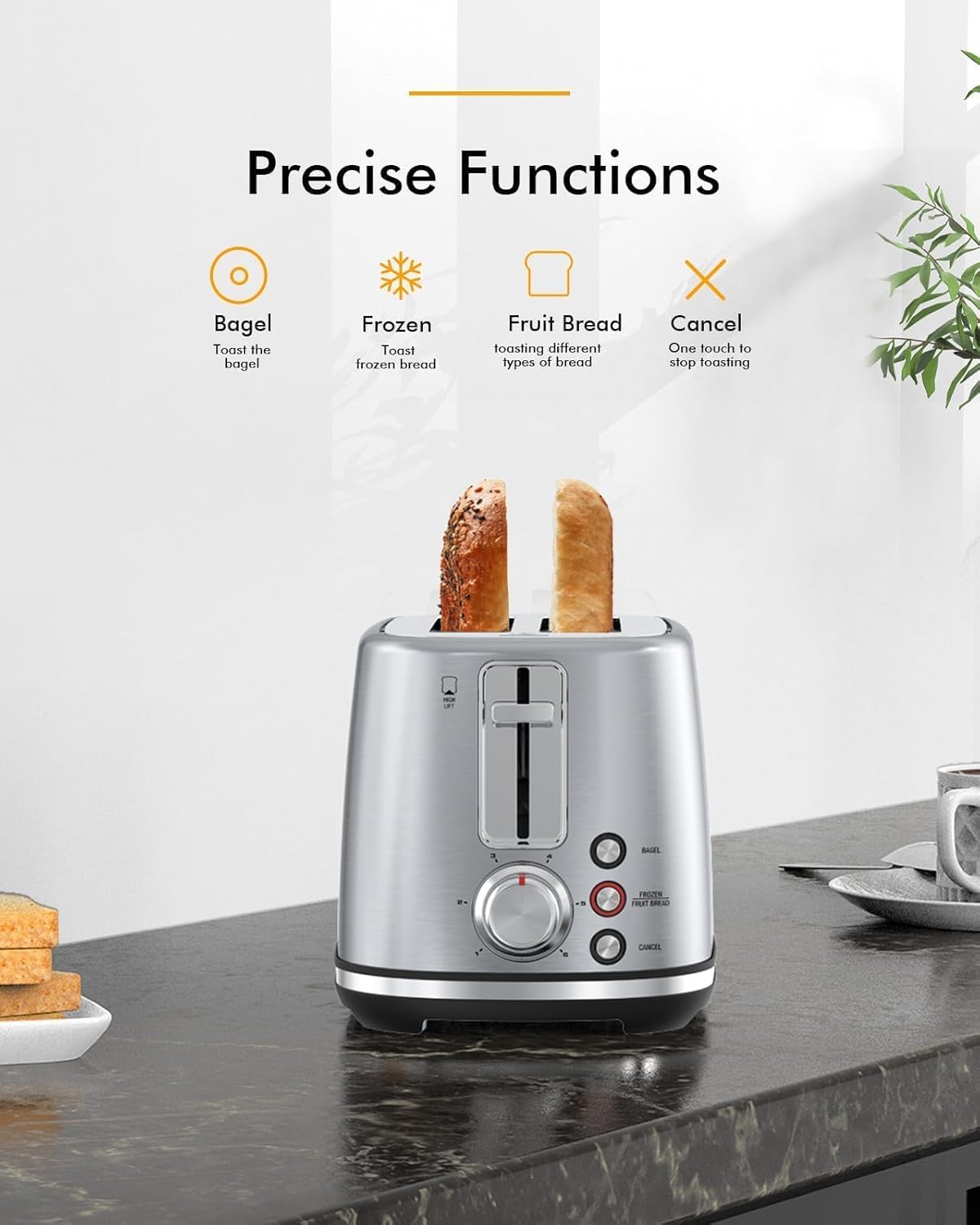 2-Slice Toaster, Wide Slots, Auto Shut-Off, 6 Shade LONGDEEM Dial. Perfect for Fruit Bread, Bagels, Waffles, Frozen Options, Easy-Clean Crumb Tray, Silver