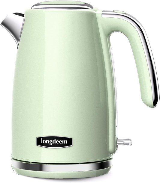 LONGDEEM Retro Green Electric Kettle - 1.7L, 1500W Fast Boil, Non-BPA, Stainless Steel Interior for Coffee and Tea, Quick Boil, Auto Shut-Off, Boil-Dry Protection, Green