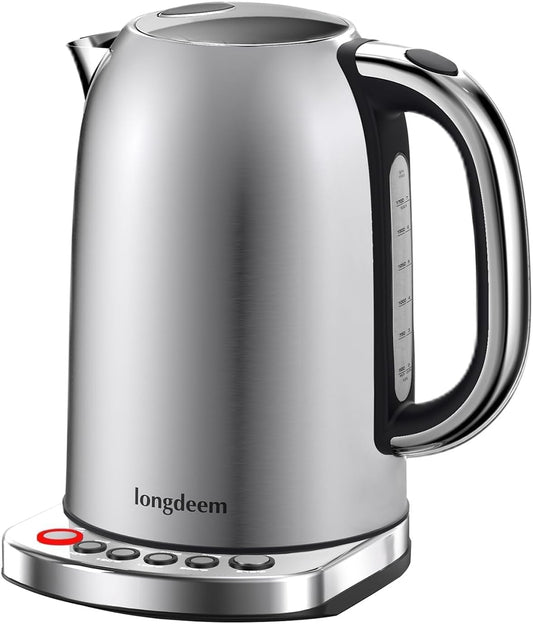 LONGDEEM Temp Control Electric Tea Kettle, 1.7L Stainless Steel Water Boiler & Heater, Fast Boiling 1500 Watts, Matte Black Cordless Kettle with Auto-Shutoff, Boil-Dry Protection, LED Light, Silver