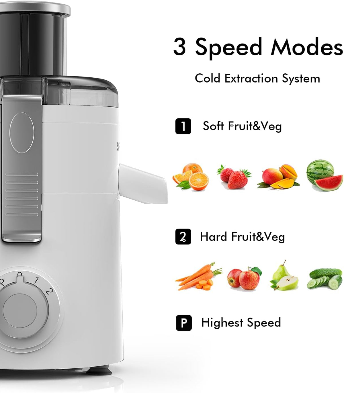 SIFENE 350W Compact Centrifugal Juicer Machine, 2.5" Chute, 3-Speed, White