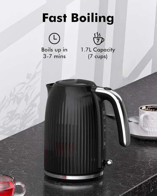 LONGDEEM 1.7L Electric Kettle-Quick Boil, 1500W, Non-BPA, Safety Auto Shut-Off, Boil-Dry Protection, Easy Clean with Wide Opening, Heat-Resistant Handle, 360°Swivel Base, Black