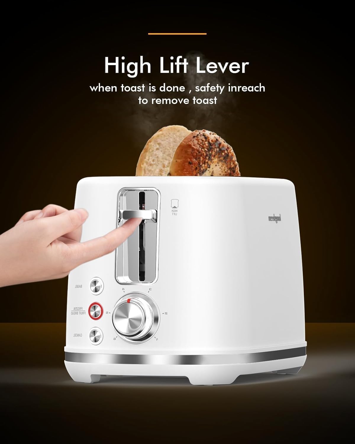 LONGDEEM 2 Slice Toaster with 1.5" Extra Wide Slots & Removable Crumb Tray - 6 Browning Options, Auto Shut Off & Frozen Function, Toast Fruit Bread, Bagel & Waffle, White