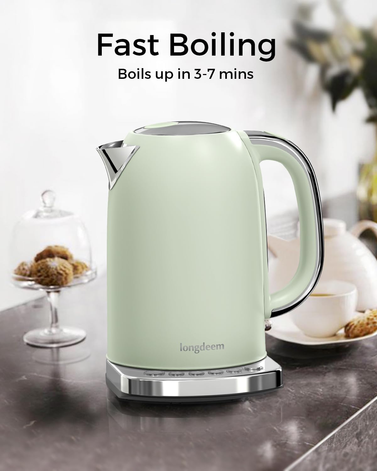 LONGDEEM Electric Tea Kettle - Rapid Coffee/Tea Brewing with 5-Temperature Control Presets, Non-BPA, Green, Stainless Steel Inner Lid & Bottom, 1.7L, 1500W for Hot Water Needs Present